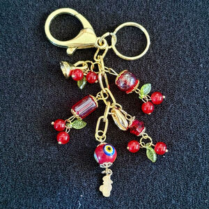NEW Red Cherry Handmade Bag Charm Keychain One of a Kind Beaded Crystal